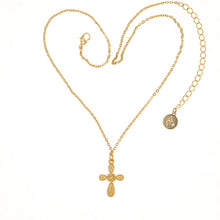 Load image into Gallery viewer, Agape - St.Mane Small cross Necklace in Gold Plate and Aqua marine Enamel Wash. Adjustable Length 18" to 21".