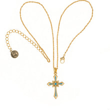 Load image into Gallery viewer, Agape - Satenik Cross Short Necklace, Gold Plate. Front -Bohemian Crystal With Gray Enamel, Back-Turquoise Enamel.