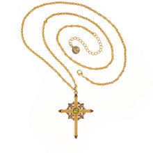 Load image into Gallery viewer, Agape - Queen Tamar Mlke Cross Necklace. 24K Gold Plate , Hand Enameled, Accented with Bohemian Colored Crystals. Adjustable Length 30&quot; to 33&quot;.

