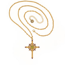 Load image into Gallery viewer, Agape - Queen Tamar Mlke Cross Necklace. 24K Gold Plate , Hand Enameled, Accented with Bohemian Colored Crystals. Adjustable Length 30" to 33".