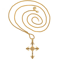 Load image into Gallery viewer, gape - St. Shoushan Cross Necklace in 24K gold plate and Bohemian Chrystals in Smoked Topaz and Golden Shadow Colors. The Back Side .
