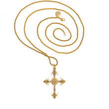 Load image into Gallery viewer, gape - St. Shoushan Cross Necklace in 24K gold plate and Bohemian Chrystals in Smoked Topaz and Golden Shadow Colors. The Back Side .