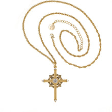 Load image into Gallery viewer, Agape - Queen Tamar Mlke Long Cross Necklace in Gold Plate and Enamel Accented with Bohemian Crystals. Adjustable Length 30&quot; to 33&quot;
