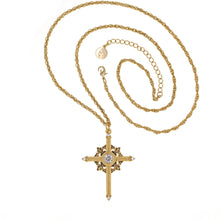 Load image into Gallery viewer, Agape - Queen Tamar Mlke Long Cross Necklace in Gold Plate and Enamel Accented with Bohemian Crystals. Adjustable Length 30" to 33"