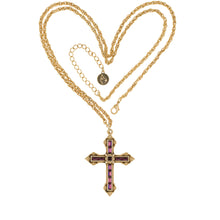 Load image into Gallery viewer, Agape - Ashkhen Cross Necklace in 24 K Gold Plate and Bohemian Large Crystal Baguettes in Amethyst Color. Adjustable Length 30" to 33".