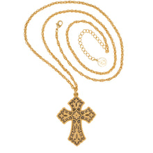 Load image into Gallery viewer, Agape - Bell Tower Cross Long Necklace. 24K Gold Plate and Hand Enameled. Adjustable Length 30"to33".