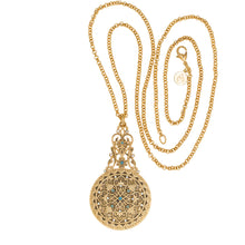 Load image into Gallery viewer, Agape - Mirror Medallion Long Necklace. Gold Plate and hand Enameled with Bohemian Crystal Accents. Length 36".