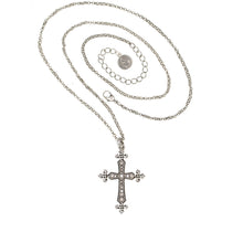Load image into Gallery viewer, Silver plate and oxidized, 24" cross necklace with Bohemian Crystal pave in Greige. Adjustable Length 24" to 27".