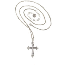 Load image into Gallery viewer, Silver plate and oxidized, 24" cross necklace with Bohemian Crystal pave in Greige. Adjustable Length 24" to 27". Back Side.