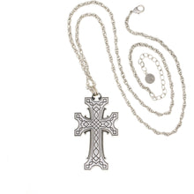 Load image into Gallery viewer, Agape - Keepsake Oversized Cross Long Necklace. Silver Plate and Oxidized. Adjustable Length 32" to 35". Back Side - Fine Etching.