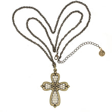 Load image into Gallery viewer, Agape - Queen Keran Cross Necklace in Burnt Bronze and Bohemian Colored Crystals. Adjustable Length 30&quot; to 33&quot;. Back Side.
