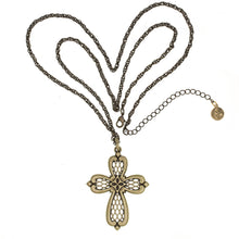 Load image into Gallery viewer, Agape - Queen Keran Cross Necklace in Burnt Bronze and Bohemian Colored Crystals. Adjustable Length 30" to 33". Back Side.