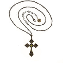 Load image into Gallery viewer, Agape - St. Thaddeus cross Necklace. Burnt brass with Swarovski crystal in Olivine color. Adjustable Length 24" to 27"