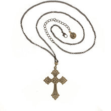 Load image into Gallery viewer, Agape - St. Thaddeus cross Necklace. Burnt brass with Swarovski crystal in Olivine color. Adjustable Length 24" to 27" The Back Side is Finished With Fine Etching.