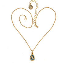 Load image into Gallery viewer, Imperial Treasures - Farfalla Small Egg Necklace in Gold Plate and Blue Butterfly Designs. Adjustable Length 18" to 21"