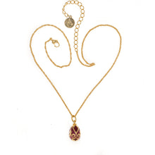 Load image into Gallery viewer, Imperial Treasures - Royal Small Egg Necklace hand enameled in hues of maroon. Adjustable Length  16" to 19".