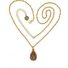 Load image into Gallery viewer,  Imperial Treasures - Wild Tulips Egg Long Necklace in Gold Plate and Red, Olivine and Abergine Enamel. Adjustable Length 24" to 28".