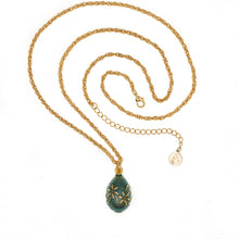 Load image into Gallery viewer, Imperial Treasures - Astrid Egg Long Necklace in Gold Plate and Translucent Enamel in Emerald Color.  Adjustable Length 30" to 33".