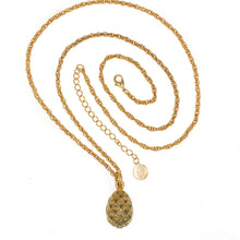 Load image into Gallery viewer, Imperial Treasures - Pine Cone Egg Long Necklace in Gold Plate and Enamel in Emerald and Translucent . Adjustable Length 30" to 33".