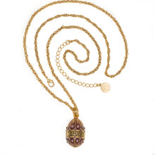 Load image into Gallery viewer, Imperial Treasures - Adoration Egg Long Necklace. Inscription: "JESUS, SON OF GOD" in Armenian. Gold Plate and Crimson Red Translucent Enamel. Adjustable Length 30" to 33".