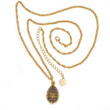 Load image into Gallery viewer,  Imperial Treasures - Ressurection Egg Long Necklace in Gold and Lilac Translucent Enamel.Engraved inscription reads "Christ is risen from the dead, blesses is the resurrection of Christ" in Armenian language. Adjustable Length 30" to 33".