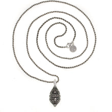 Load image into Gallery viewer, Imperial Treasures - Royal Egg Long Necklace in Oxidized Silver and Bohemian Chrystals in Greige Color. Length 34".