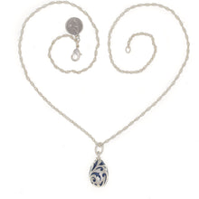 Load image into Gallery viewer,  Imperial Treasures - Celebration Small Egg Necklace in Mat Silver Plate and Navy Blue Enamel Ornamentation. Length 18".