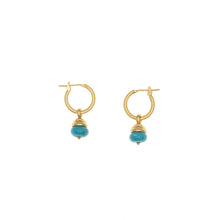 Load image into Gallery viewer, Urartu - Turquoise and Gold Small Hoop Drop Earrings in Gold Plate and Natural Composite turquoise.Made in the USA