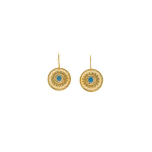 Load image into Gallery viewer, Urartu - Talisman Drop Lever Back Earrings  in Gold Plate and Turquoise Enamel.