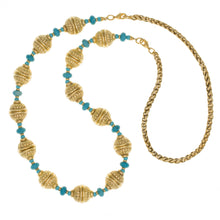 Load image into Gallery viewer, Urartu - Gold and Turquoise Talisman Bead Convertible Necklace 18: to 30". Gold Plate with Natural Composite Turquoise. Made in USA