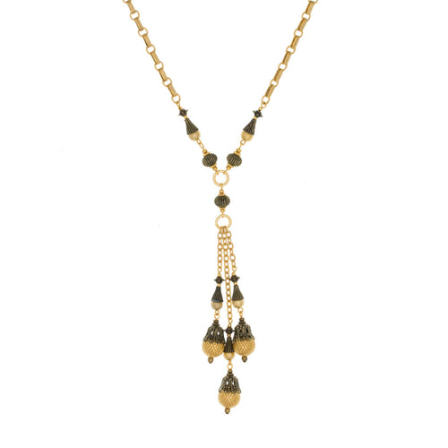 Tamar - Two Tone Multi Drop Y Drop Necklace in Antique Gold and Burnished Brass