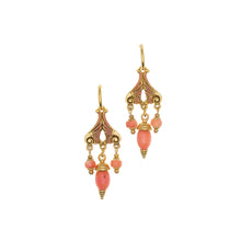 Load image into Gallery viewer, Urartu - Pink Natural Coral Chandelier Earrings with Hoop Tops. Gold Plate with Natural Pink Coral. Made in the USA.