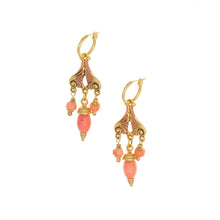 Load image into Gallery viewer, Urartu - Pink Natural Coral Chandelier Earrings with Hoop Tops. Gold Plate with Natural Pink Coral. Made in the USA.