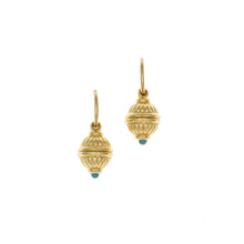 Load image into Gallery viewer, Urartu - Gold and Turquoise Talisman Bead Hoop Drop Earrings in Gold Plate and Turquoise Enamel. Made in the USA