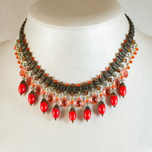 Load image into Gallery viewer, All That Jazz - Art Deco Multi Drop Short Necklace With Red Natural Coral Beads and Swarovski Padparadscha  Briolettes