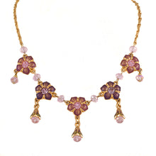Load image into Gallery viewer, Primavera - Collar Multi Drop Necklace in Gold Plate and Enamel in Mauve and Aubergine Accented With Bohemian Crystals and Beads in Light Rose.