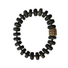 Load image into Gallery viewer, Urban Boho - Arlo Stretch bracelet is designed with organically shaped natural wood disks in Charcoal color, and accented with 24K Gold plated hexagon ornate bead | Manukyan Design Studio
