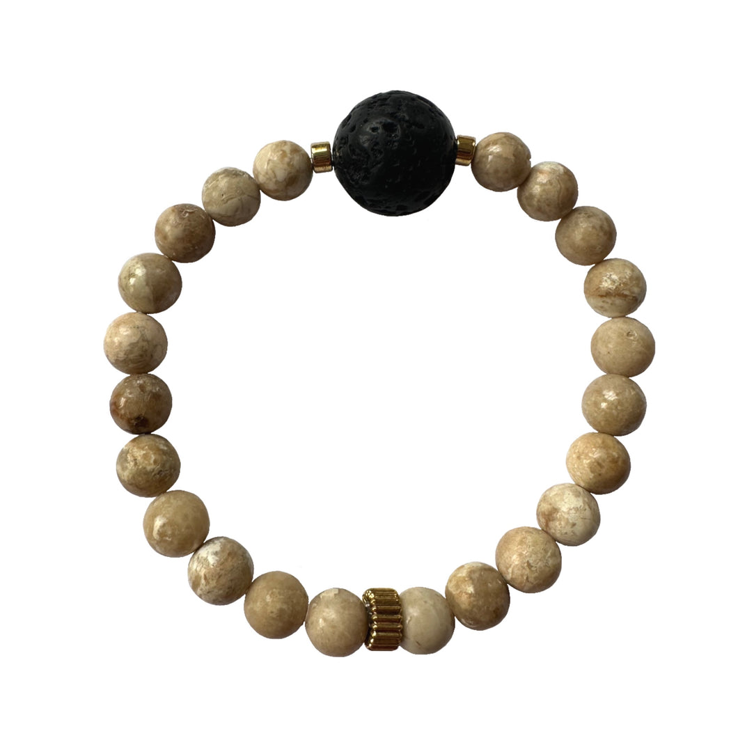 Urban Boho - Petra Stretch Bracelet is designed with Riverstone and Black Lava beads, accented with 24K Gold plated beads | Manukyan Design Studio