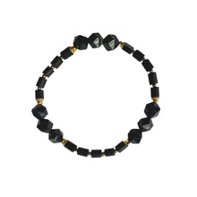 Load image into Gallery viewer, Urban Boho - Davetta Stretch Bracelet is designed with faceted Black Sardonyx and tubular beads in natural Wood in Black, accented with 24K Gold plated beads | Manukyan Design Studio
