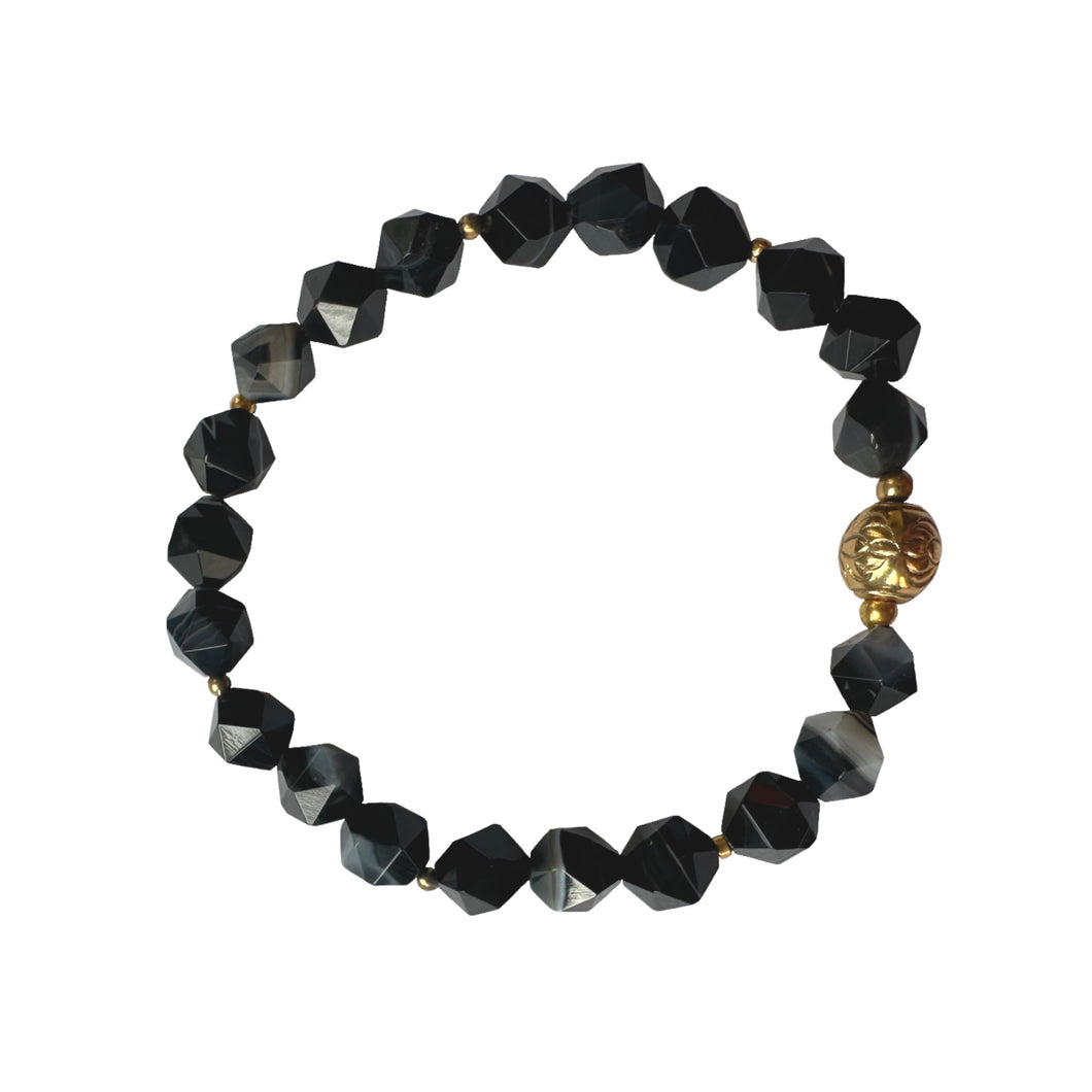 Urban Boho - Astra Stretch Bracelet is designed with faceted Black Sardonyx and accented with 24K Gold plated bead | Manukyan Design Studio