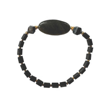 Load image into Gallery viewer, Urban Boho - Nox Stretch Bracelet is designed with highly polished large Cat Eye, faceted Black Sardonyx, and finished with tubular Black Wood and 24K Gold plated beads | Manukyan Design Studio
