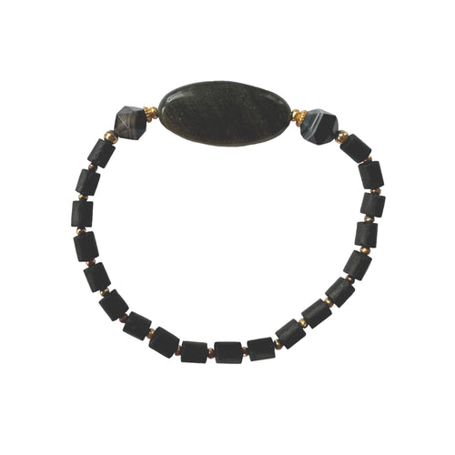 Urban Boho - Nox Stretch Bracelet is designed with highly polished large Cat Eye, faceted Black Sardonyx, and finished with tubular Black Wood and 24K Gold plated beads | Manukyan Design Studio