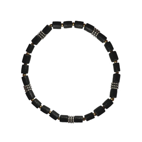 Urban Boho - Nova Stretch Bracelet is designed with tubular natural Black Wood beads, accented with antique Silver and 24K Gold plated beads | Manukyan Design Studio