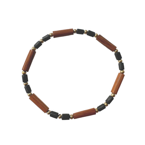 Urban Boho - Cypress Stretch Bracelet is designed with tubular shape beads of different natural Woods in Rustic Brown and Black, and accented with 24K Gold plated beads | Manukyan Design Studio