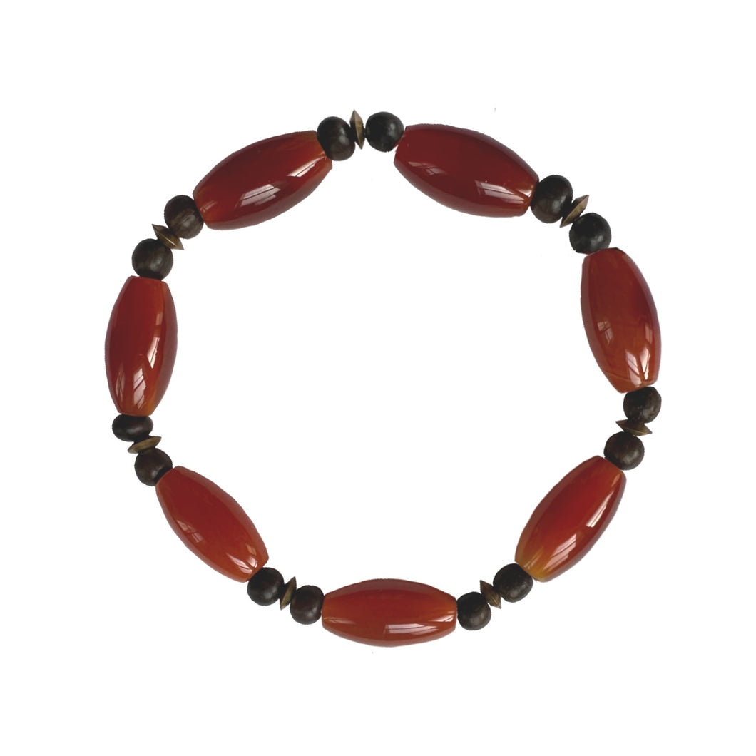 Urban Boho - Sienna Stretch Bracelet is designed with highly polished Carnilian beads accented with Brown Wood and rustic metal beads | Manukyan Design Studio