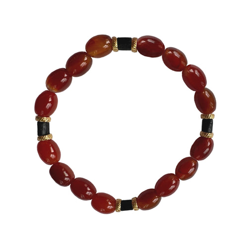 Urban Boho - Kiara Stretch Bracelet is designed with highly polished Carnilian beads accented with 24K Gold plated and natural Black Wood beads | Manukyan Design Studio