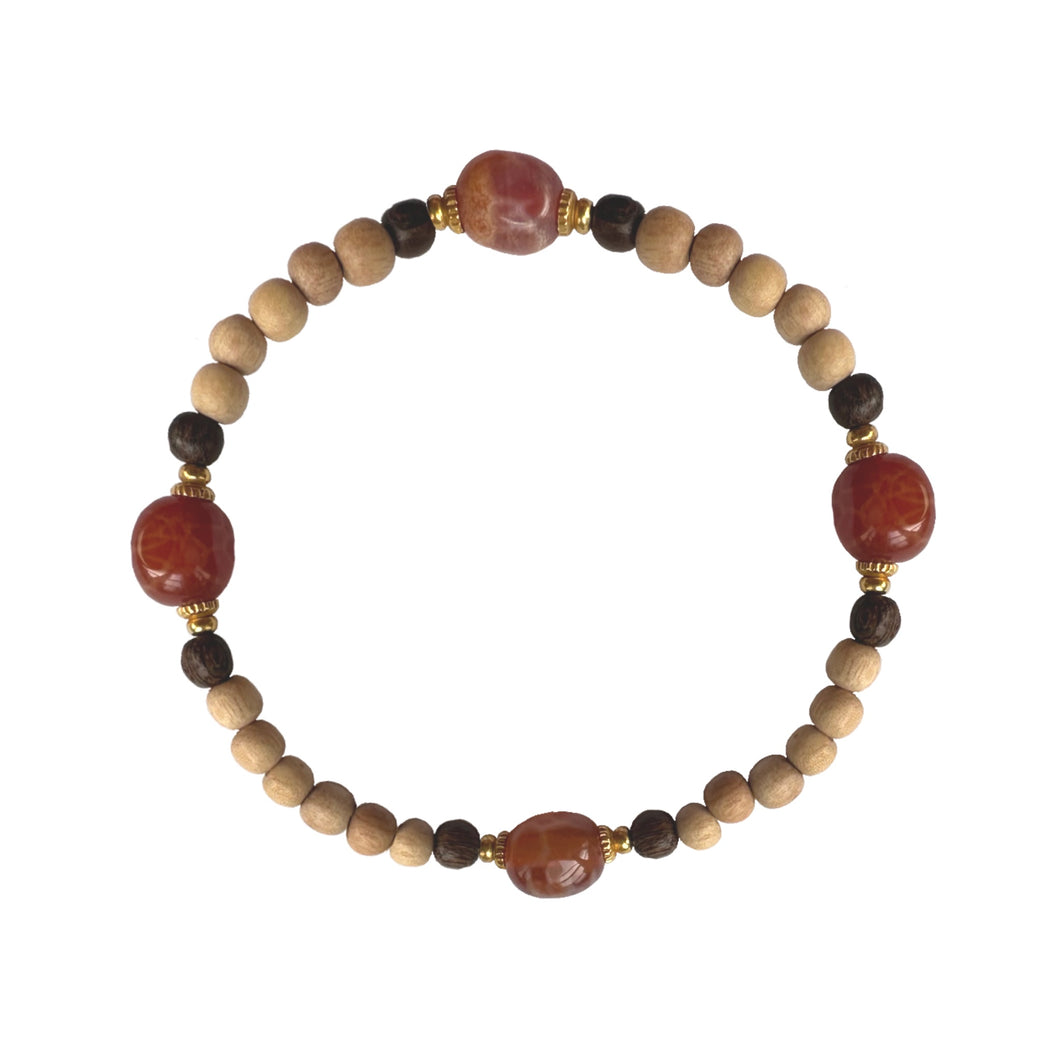 Urban Boho - Cinabrise Stretch Bracelet is designed with organic shape Red Agate and natural Wood beads in Brown and Ivory, accented with 24K Gold plated beads | Manukyan Design Studio