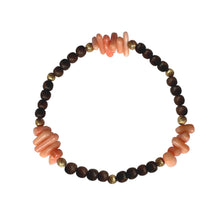 Load image into Gallery viewer, Urban Boho - Dahlia Stretch Bracelet is designed with natural Pink Coral and Brown Wood beads, accented with 24K Gold plated beads | Manukyan Design Studio
