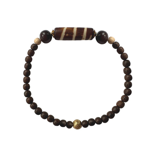 Urban Boho - Maya Stretch Bracelet is designed with large tubular natural Bone, Red Tiger Eye, and natural Brown Wood beads, accented with 24K Gold beads | Manukyan Design Studio