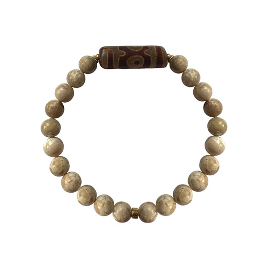 Urban Boho - Heather Stretch Bracelet is designed with Mother of Pearl beads accented with natural Pink Coral, Brown Wood and 24K Gold plated beads | Manukyan Design Studio